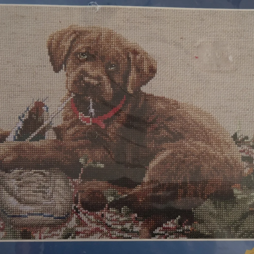 Vintage Cross Stitch Kit MISSING SHOE Chocolate Lab Labrador Dog Puppy NEW